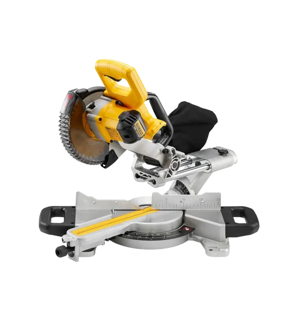 Detaljer på DCS365 Kapp- og gjærsag 18V XR 184mm 250x50mm (produktet) fremstilt på en transparent bakgrunn