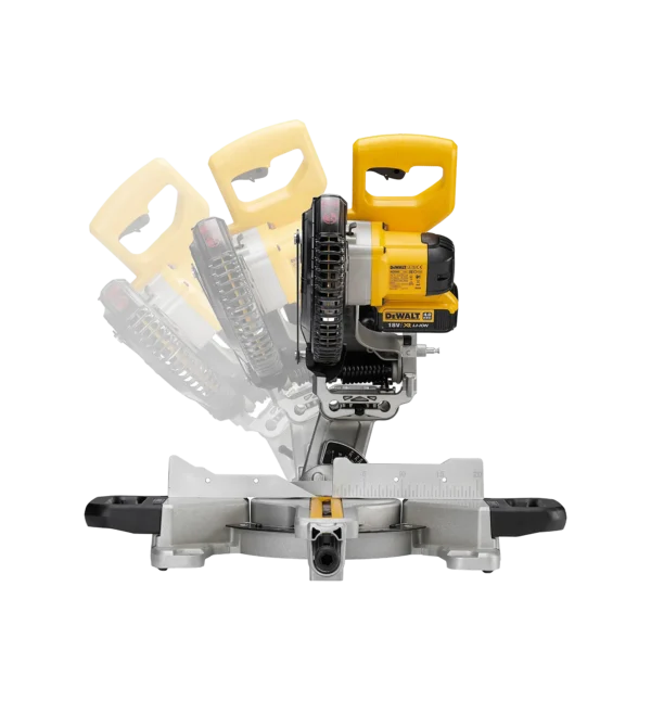 Detaljer på DCS365 Kapp- og gjærsag 18V XR 184mm 250x50mm (produktet) fremstilt på en transparent bakgrunn