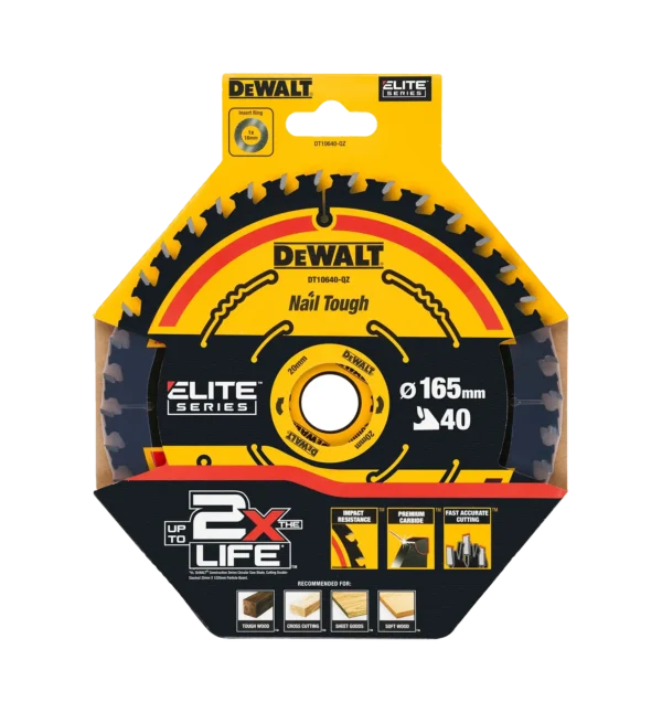Detaljer på DT10640 Elite Sagblad Slagfast 165x20mm 40T (produktet) fremstilt på en transparent bakgrunn