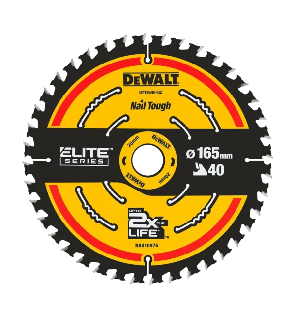 Fullt utsnitt av DT10640 Elite Sagblad Slagfast 165x20mm 40T (produktet) fremstilt på en transparent bakgrunn