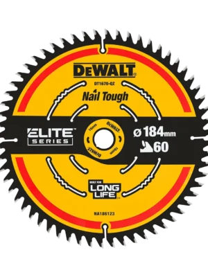 Fullt utsnitt av DT1670 Elite Sagblad 184x16mm 60T (produktet) fremstilt på en transparent bakgrunn
