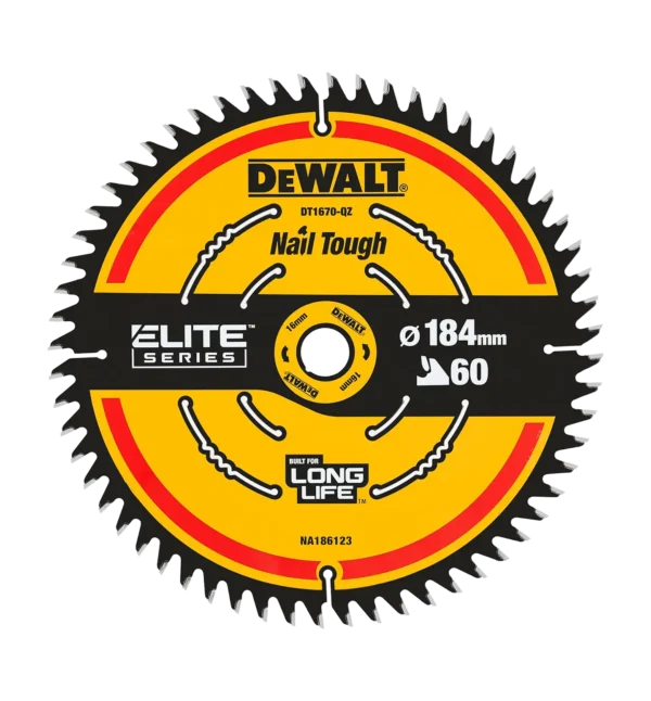 Fullt utsnitt av DT1670 Elite Sagblad 184x16mm 60T (produktet) fremstilt på en transparent bakgrunn