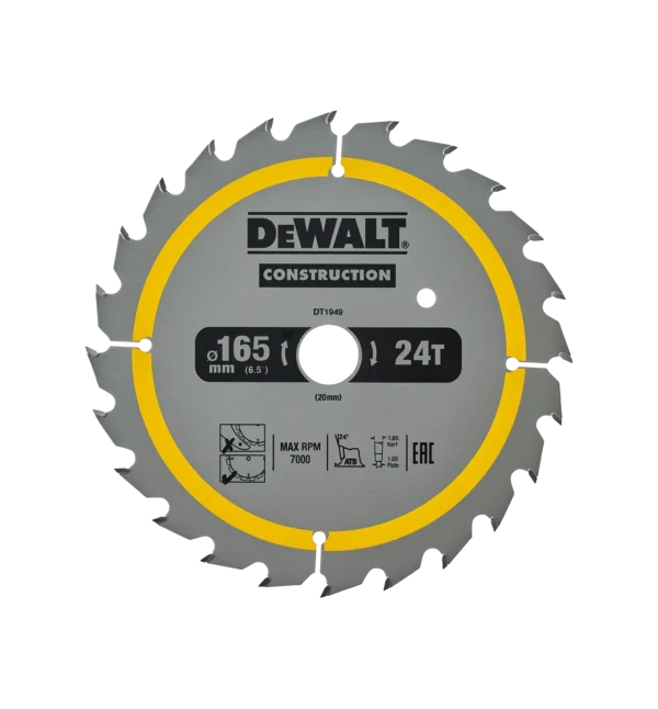 Fullt utsnitt av DT1949 Sagblad 165x20mm 24T (produktet) fremstilt på en transparent bakgrunn