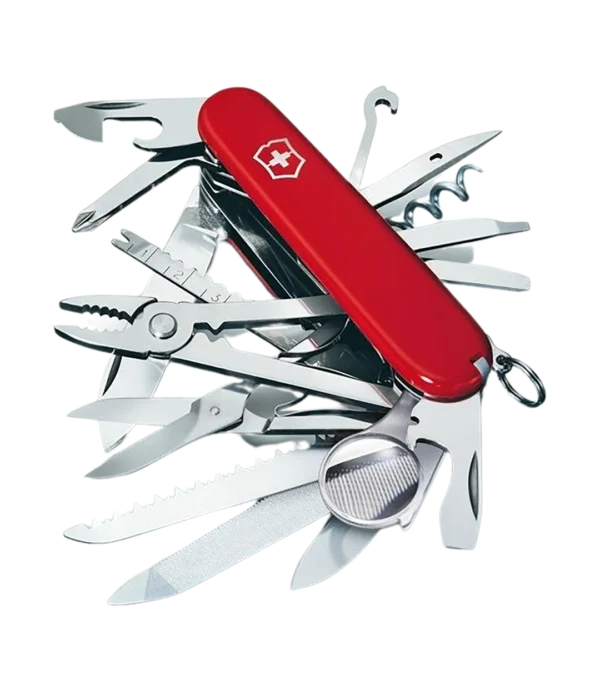 Fullt utsnitt av Swiss Champ Lommekniv/Multiverktøy 33 funksjoner (produktet) fremstilt på en transparent bakgrunn