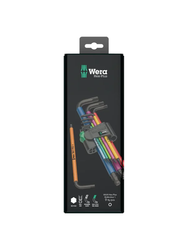 Detaljer på 950/9 Hex-Plus Multicolour BlackLaser L-nøkkelsett Unbrako H1.5-H10 9stk (produktet) fremstilt på en transparent bakgrunn