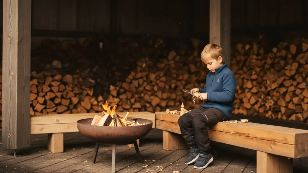 Gutt som sitter og spikker med en speiderkniv foran en bålpanne omringet av vedstabler. Bildet er AI-generert.