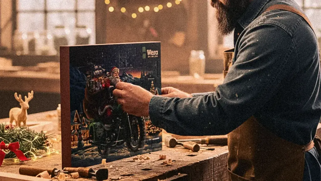 Wera Adventskalender 2025 på et snekkerverksted og en mann som åpner en luke
