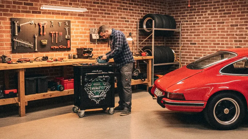 Wera Verktøyvogn Tool Rebel i et verksted med en bil og en mann som bruker verktøyvognen som en benk