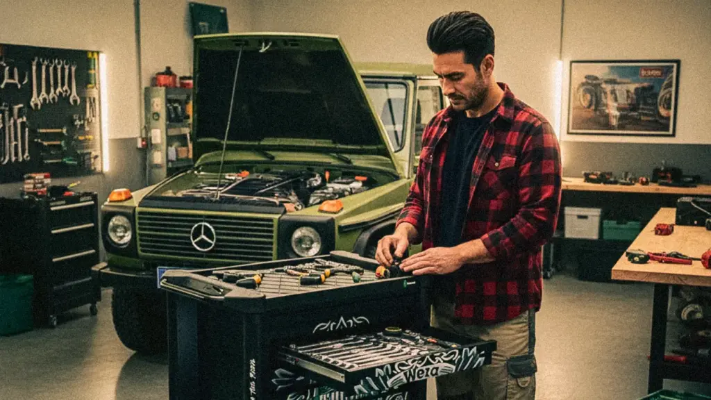 Wera Tool Trolley for Tool Rebels i et verksted, med en mann som står ovenfor den, med en Mercedes Benz G-wagon i bakgrunn